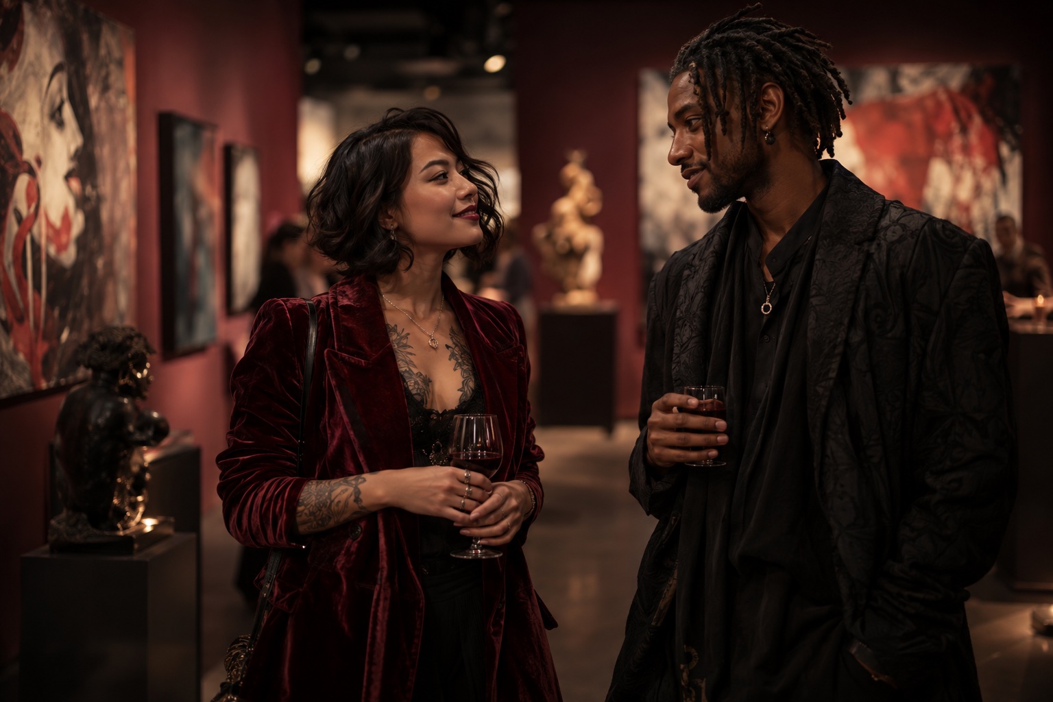 Alternative dating illustration: a couple with individual styles connecting at an art gallery