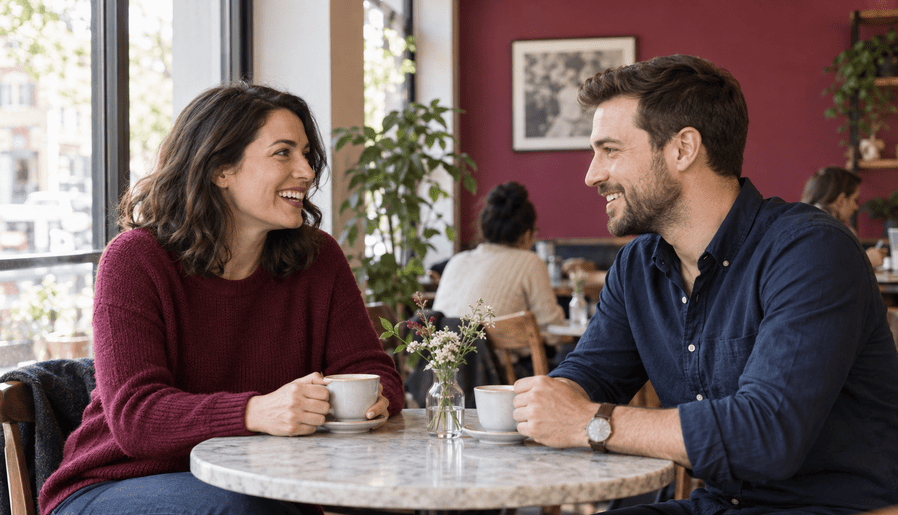 Illustrative adults talking over coffee in a bright café