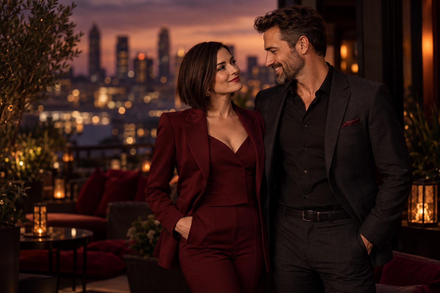 Dominant dating illustration: a woman in a tailored burgundy suit with her partner on a city terrace