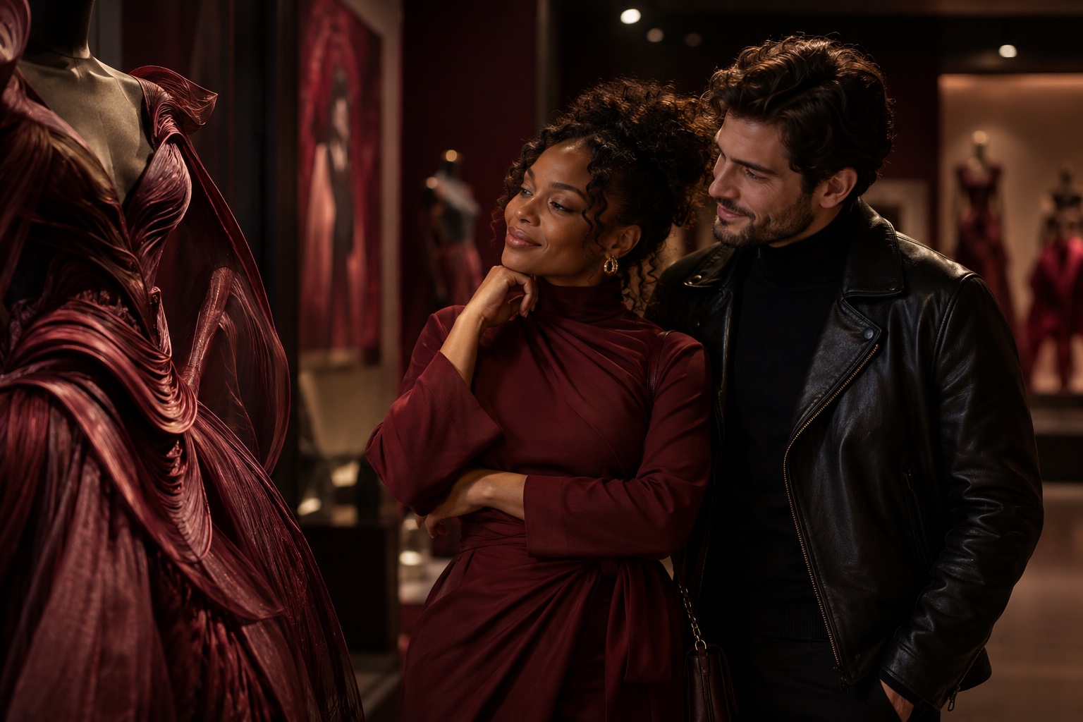 Fetish dating illustration: a couple exploring a shared interest in fashion at a gallery