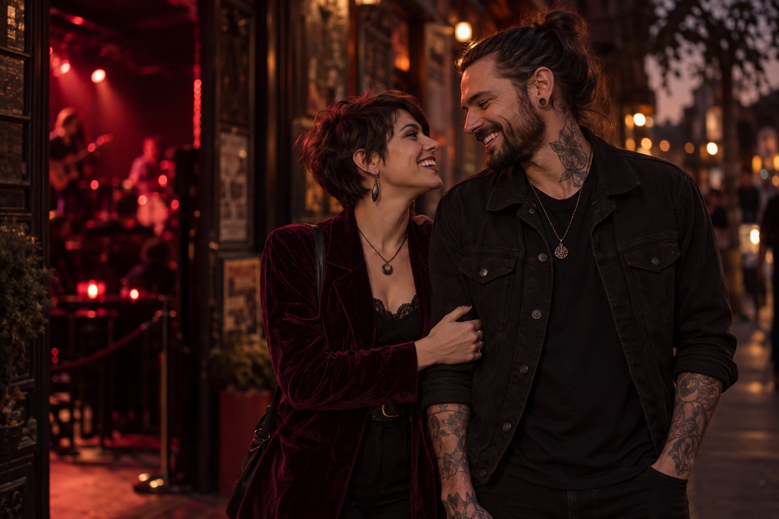 Kinky dating illustration: a couple in alternative fashion outside a live music venue