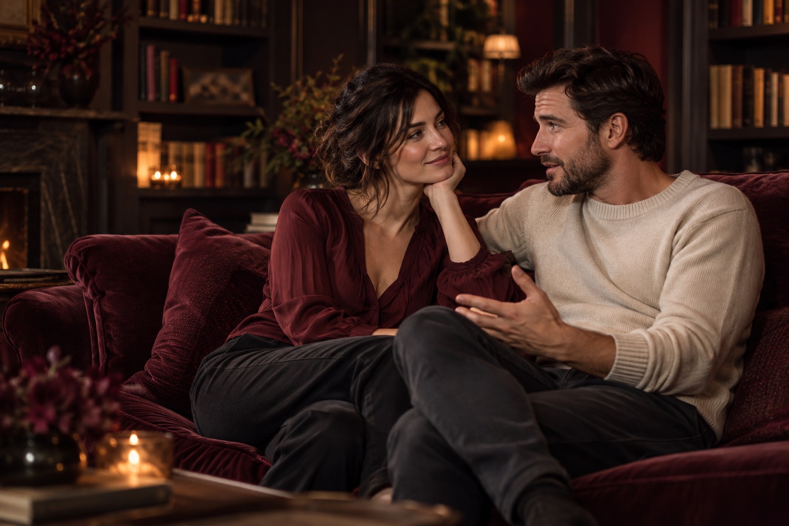 Submissive dating illustration: a couple listening to each other on a sofa at home