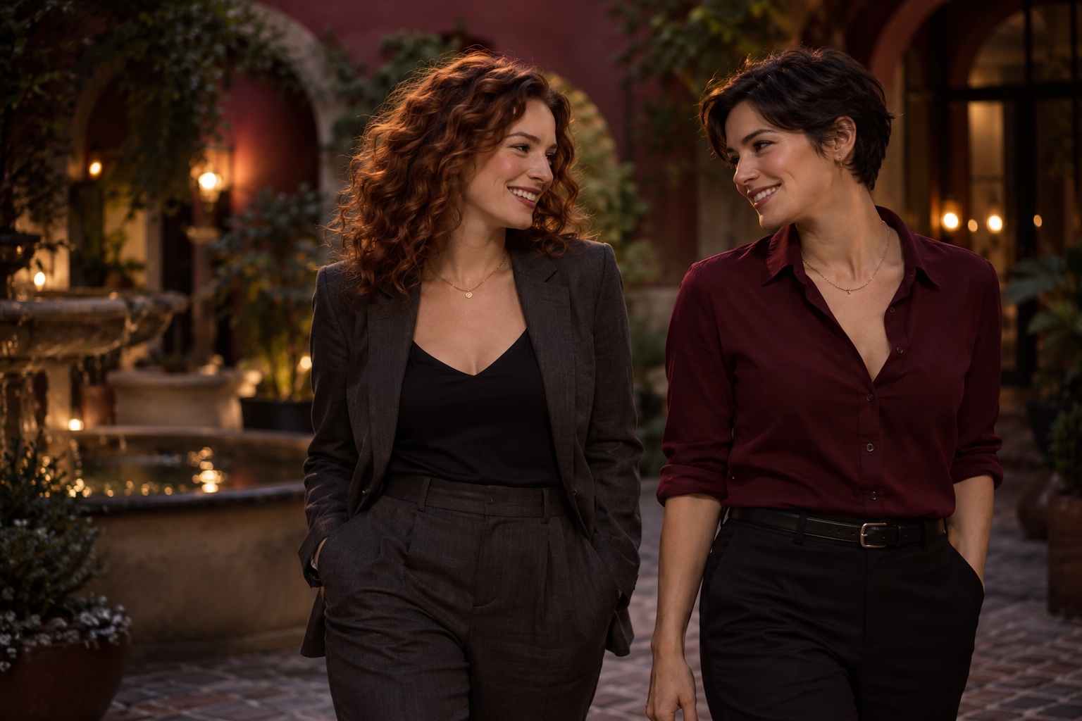 Switch dating illustration: two women sharing a relaxed conversation in a courtyard